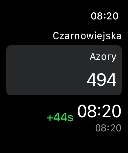 Aplikacja KrkStops na Apple Watch pokazująca listę odjazdów z przystanku