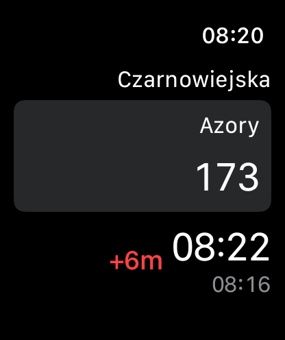 Ekran szczegółów odjazdu w aplikacji KrkStops na Apple Watch